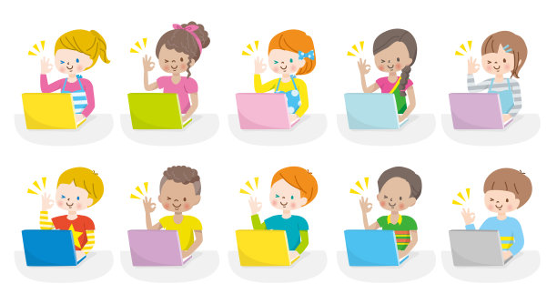 来自世界各地的孩子们微笑着操作电脑的插图图片下载