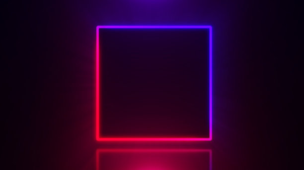 霓虹灯正方形框架与闪光效果多色的黑色背景。发光反射技术背景图片下载