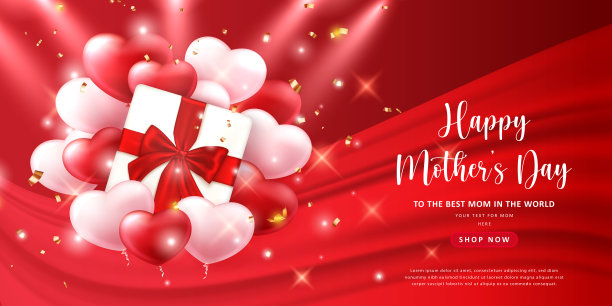 母亲节快乐红粉色爱心气球和红丝带礼物盒图片下载