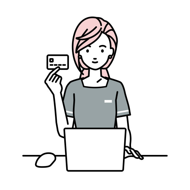 一个美容师，接待员，在她的办公桌上使用笔记本电脑，拿着信用卡图片下载