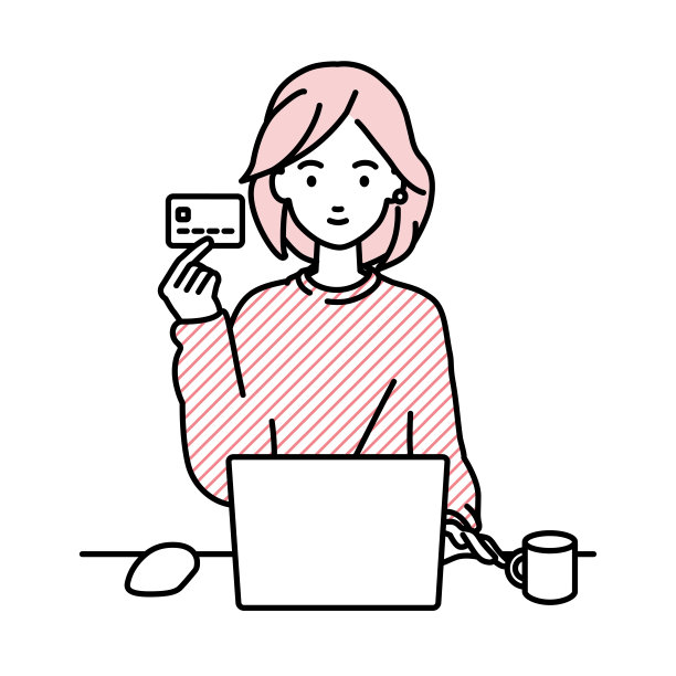 一个穿着休闲风格的女人，在她的办公桌前使用笔记本电脑，拿着一张带有马克杯的信用卡图片下载