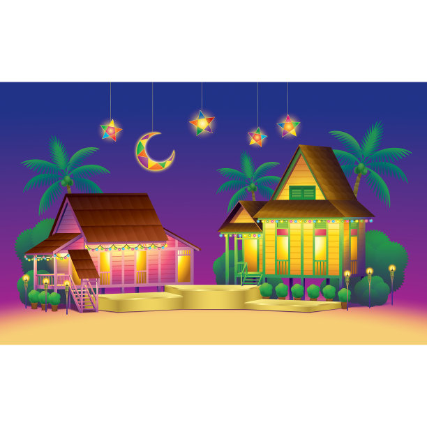 Hari Raya平台产品展示与夜村场景装饰图片下载