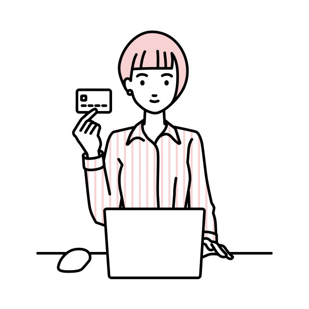 一名穿着衬衫的女性在她的办公桌前使用笔记本电脑，手里拿着一张信用卡图片下载