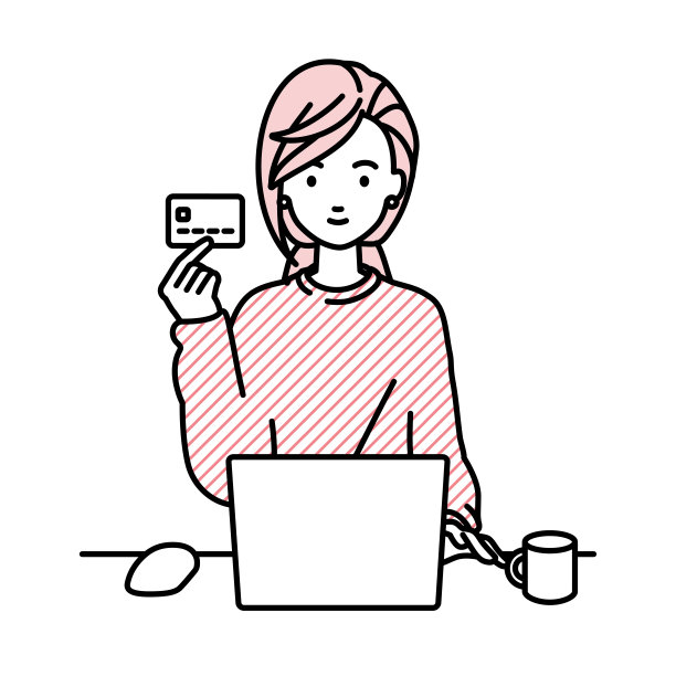 一个穿着休闲风格的女人，在她的办公桌前使用笔记本电脑，拿着一张带有马克杯的信用卡图片下载