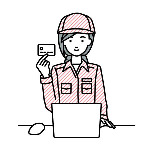 一位蓝领女工在她的办公桌前使用笔记本电脑，手里拿着一张信用卡图片下载