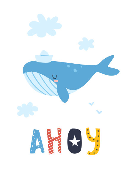 可爱的蓝鲸在云端飞翔。带着抹香鲸帽的纸帽子和文字的海报-呵呵。图片下载