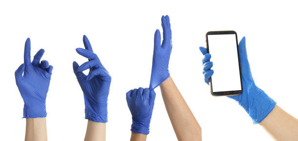 保护你的手——戴橡胶手套。在白色背景上拼贴的照片，横幅设计图片下载