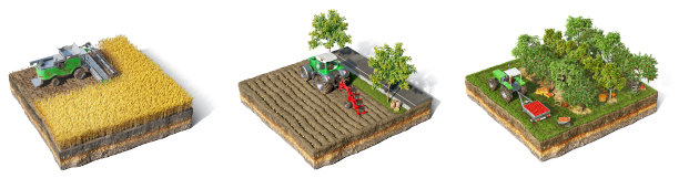 设置不同的农业工作，如小麦收获，土豆播种和水果采摘在白色背景孤立的地面上，3d插图图片下载