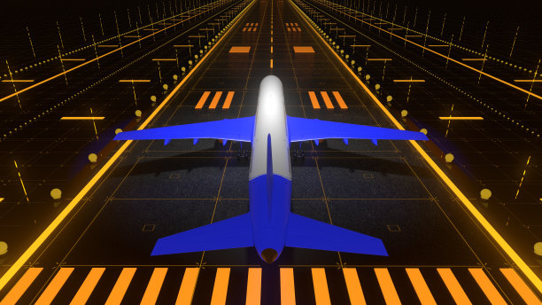 蓝白飞机在橙色霓虹灯跑道上抽象的未来主义背景。机场跑道亮着灯，飞机起飞。航空旅行的黑色背景。旅游、度假的概念。三维渲染图片下载