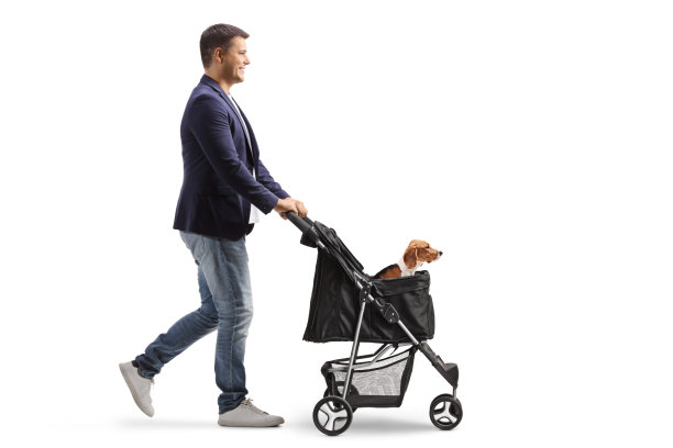 一个年轻人推着婴儿车散步的全身剖面图图片下载