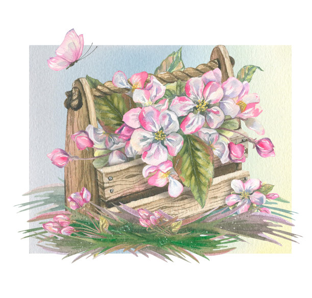 水彩插图组成开花的果树和花园工具。春天的一套清新美丽的花。图片下载