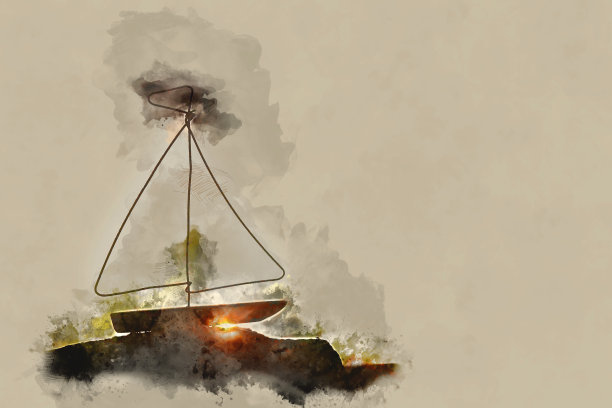 抽象水彩画风格的老船在日落图片下载