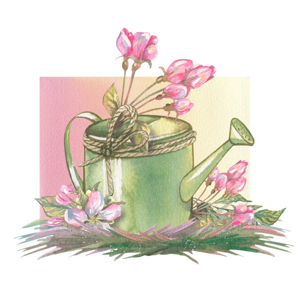 水彩插图组成开花的果树和花园工具。春天的一套清新美丽的花。图片下载