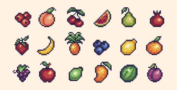 水果像素艺术图标集。浆果和外来植物标志收集。图片下载