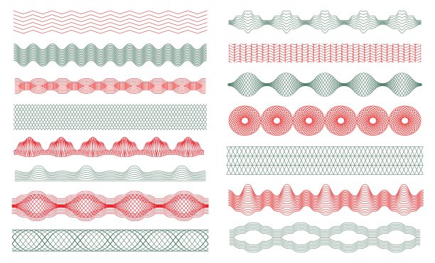 Guilloche borders, money watermark，证书装饰元素。钞票安全水印，guilloches无缝边界向量集图片下载