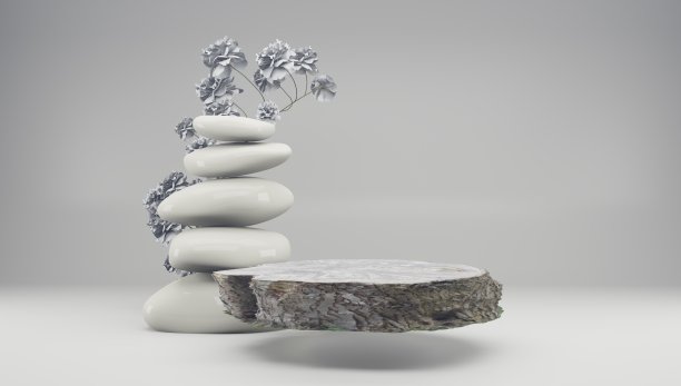 背景为化妆品产品的自然柔和的颜色。石阶和干花在白色的背景上。前视图。3 d渲染。图片下载