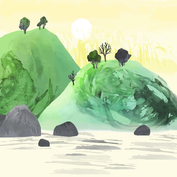 浪漫的水彩画的山与树木，河流，日出或日落。向量自然景观的绿色和黄色。所有元素都是单独的对象图片下载