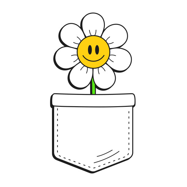 可爱有趣的卡哇伊花在复古的口袋t恤印花。矢量卡通涂鸦人物标志插图设计。有趣的复古洋甘菊花印花口袋t恤，服装概念图片下载