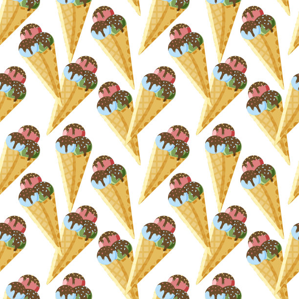 无缝手绘冰淇淋图案，卡通风格。华夫饼杯里的冰淇淋，白色背景。甜点。五彩冰淇淋球。夏季有趣的面团背景。图片下载