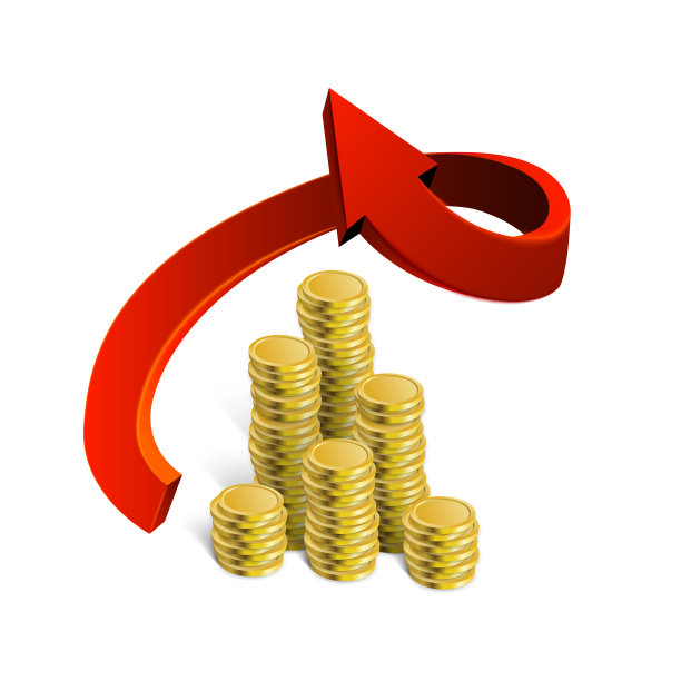 金融增长三维红色箭头向量。堆硬币插图。每股收益10图片下载