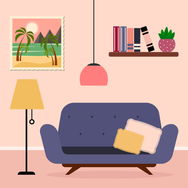 室内设计有一个客厅，一个沙发，一幅画，灯具，一个书架，带有舒适的元素。矢量插图。图片下载