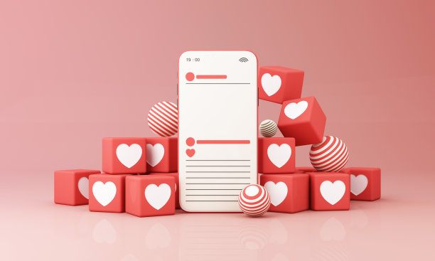 智能手机，屏幕上有心形表情符号语音泡泡立方盒和框架信息。社交网络和移动设备概念。图形网站，粉红色背景的网页横幅。3 d渲染图图片下载