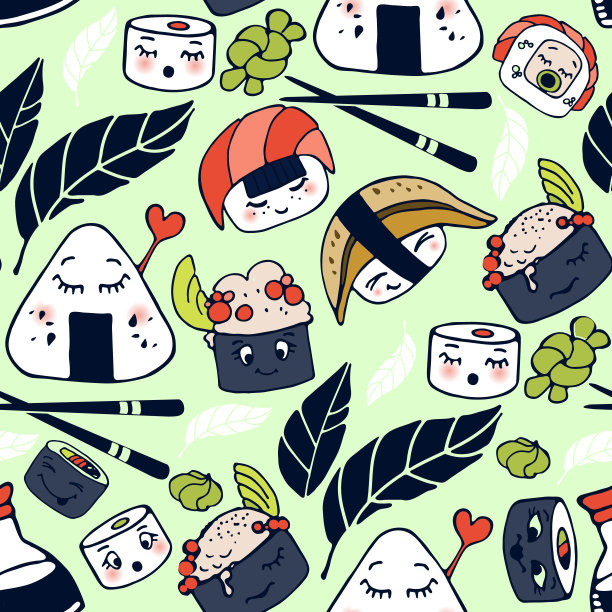可爱的寿司、小卷、手握寿司。向量集。带有情感，卡通风格的日式食物。时尚插画。所有元素都是隔离的。彩色矢量无缝图案。绿色背景图片下载