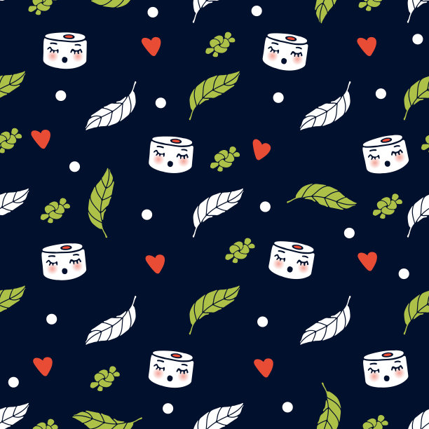 可爱的寿司、小卷、饭团。向量集。带有情感，卡通风格的日式食物。绿叶和爱心。彩色矢量无缝图案。蓝色背景图片下载