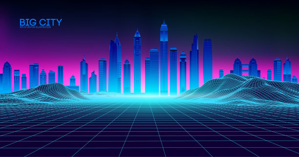 复古的波background80s。城市80年代未来复古合成插画。海滩海报的未来背景。复古的激光城市网络概念。未来的城市，紫色的夜空和日落。派对矢量霓虹科幻世界背景。Building90s架构图片下载