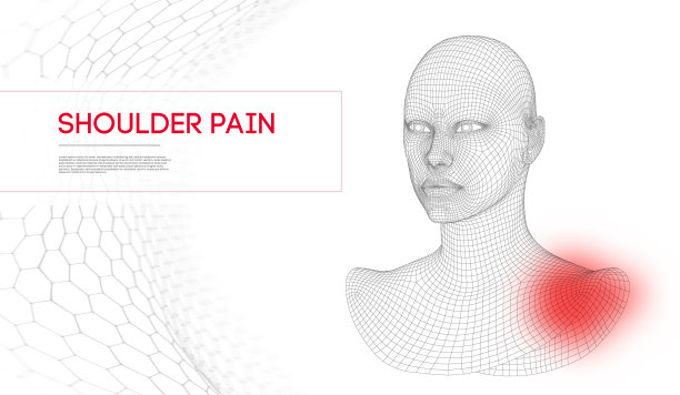 肩膀疼痛的女人。三维线框头。矢量图图片下载