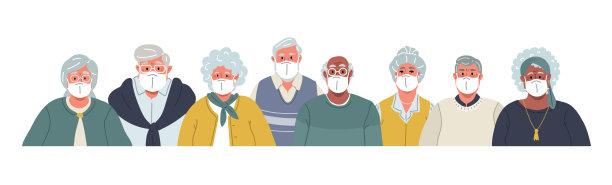 各种各样戴着医用口罩的老年人。矢量图图片下载