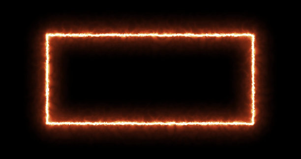 炽热的黄色红色矩形在黑色的背景。抽象矩形，太阳火焰框架。逐渐地，一个燃烧的正方形火焰出现了，一个不断燃烧的矩形火焰出现了图片下载