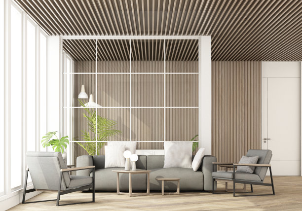 现代公寓的时尚客厅内景：灰色沙发、镶木地板和优雅配饰，家居装饰样板房，3D渲染图图片下载