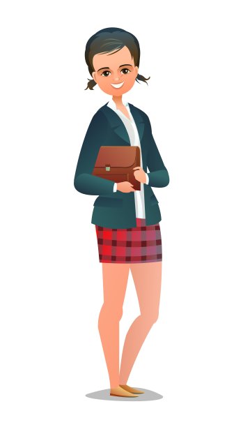 漂亮的小女生。穿着格子裙的活泼女生。站立姿势。卡通平面设计在漫画风格。单个的字符。插图孤立在白色背景上。向量图片下载