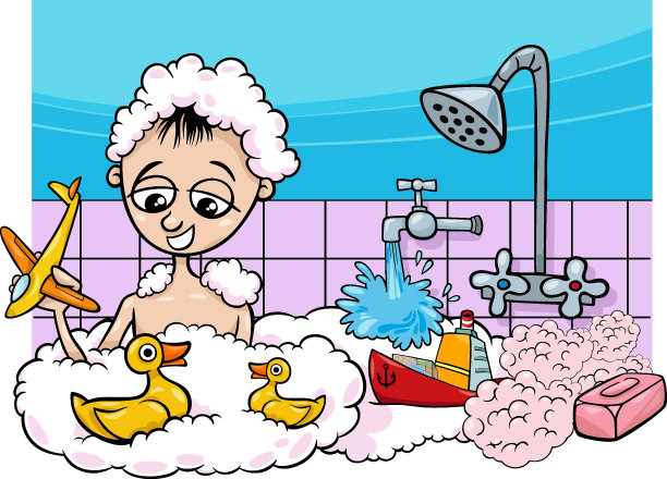 可爱的卡通男孩在洗澡和玩具图片下载