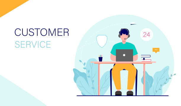 着陆页模板。在线支持，客户服务，呼叫中心。助理坐在笔记本电脑前，回答客户的问题。插图。图片下载