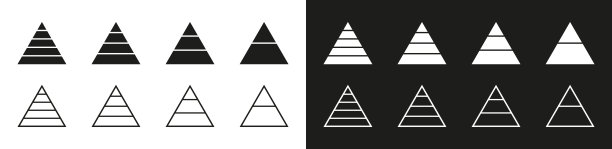 金字塔图标。图形金字塔标识孤立在白色和黑色背景。线条轮廓与3节。三角形用于信息图形和表示。向量图片下载