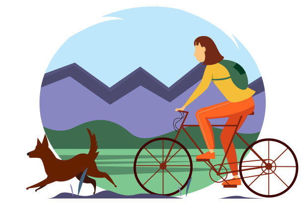 一个年轻的女孩骑着自行车和一条狗在山间。说明户外活动、旅游、骑行的概念。夏季插图在平坦的风格。图片下载