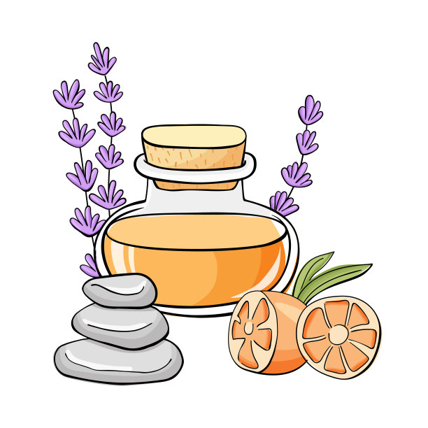 与香薰疗法配件和精油的组合。玻璃瓶，橘色，薰衣草色和水疗石。适合水疗、美容美发、化妆品设计。白色背景上的矢量插图图片下载