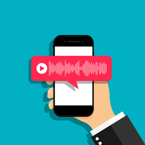 智能手机语音留言。手机聊天的声音气泡。智能手机屏幕语音留言图标。男人的手拿着带通讯软件的手机。向量图片下载