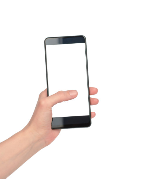 一个女人的手拿着一个白底白屏的手机，孤立起来。空的智能手机显示器，为文本留出空间图片下载