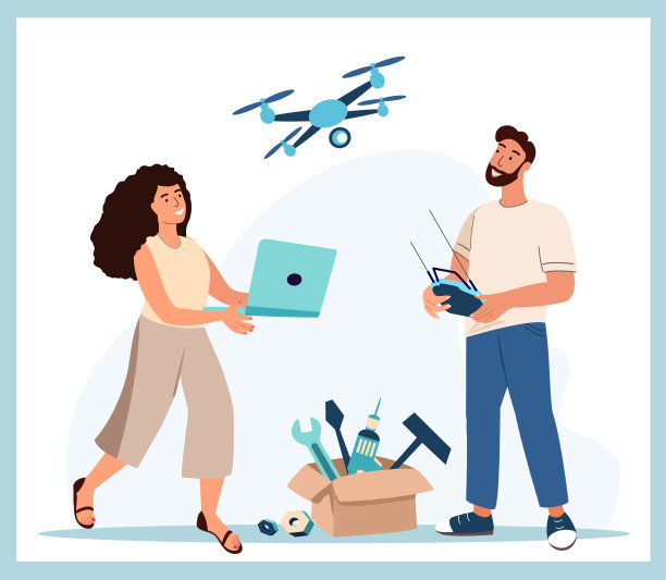 人创造发明。机器人类。计算机技术着陆页模板。男人，女人用遥控器呈现飞行机器人或四轴飞行器，构造器创新。卡通平面矢量插图图片下载