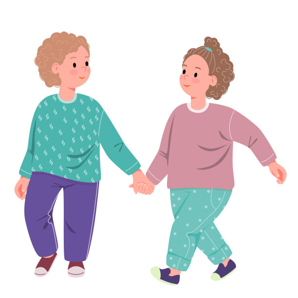 两个孩子牵着对方的手走路。哥哥和妹妹。快乐孩子最好的朋友。图片下载