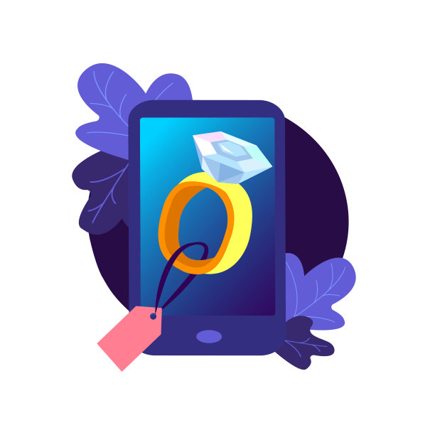 在线数字购物。智能手机屏幕上的婚戒。在手机App购买情人节，生日，周年纪念的珠宝礼物。高技术。平面向量插图图片下载