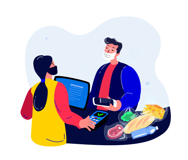 COVID,冠状病毒传染病隔离。在超市买面膜的年轻女子。消费,结账。采购食物，餐，购买肉，鱼，奶酪。买家通过终端支付。平面向量插图图片下载