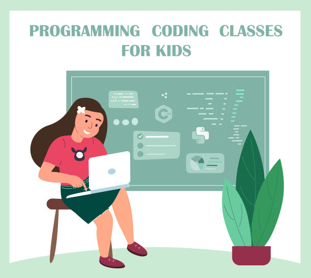 小女孩坐在椅子上，手里拿着笔记本电脑，旁边是黑板和公式。儿童教育，神童学校课程，机器人或数学学习。卡通矢量图图片下载