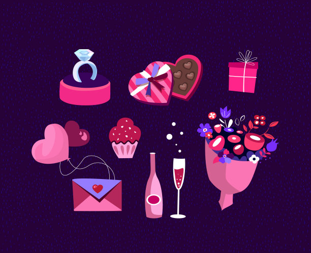 浪漫晚餐，约会的节日浪漫元素。采购产品结婚戒指，情人节信封，心形气球，香槟，甜巧克力糖果。邀请,宣传册矢量插图图片下载