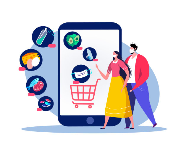 冠状病毒传染病隔离。年轻夫妇，男人，女人在网上购物。在智能手机app上的消费主义。购买家用口罩，购买医用口罩，防腐剂，消毒器，食品。生存COVID 19。平面向量图片下载
