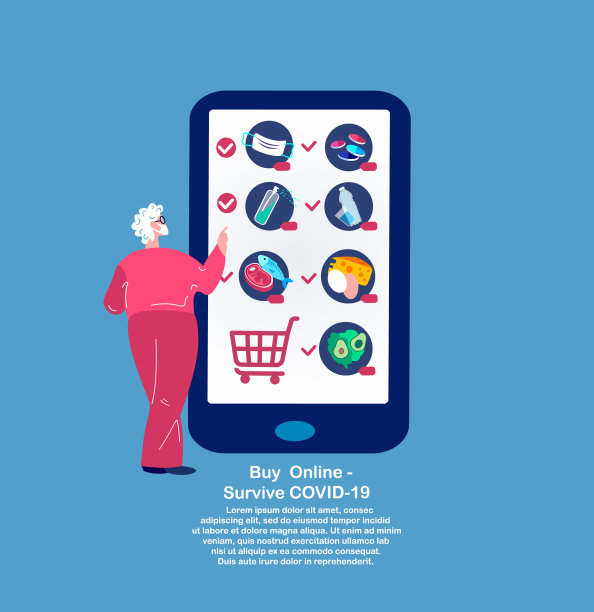 冠状病毒传染病隔离。退休妇女用智能手机在线购物。买在家里，接收包裹，递送。医用口罩，消毒，消毒。生存COVID 19。平面向量插图图片下载