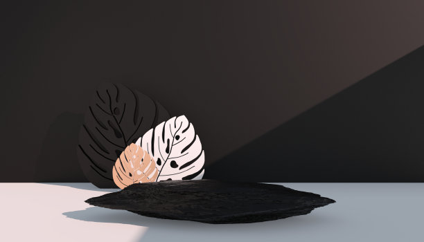 模型，讲台，显示与怪物叶片热带植物背景，3d渲染图片下载